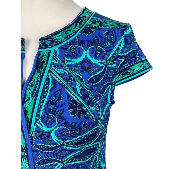 CACHE Dress Stretch Blue Paisley Print sz Small Boho Cruise Vacation Retro 70s - Picture 5 of 10